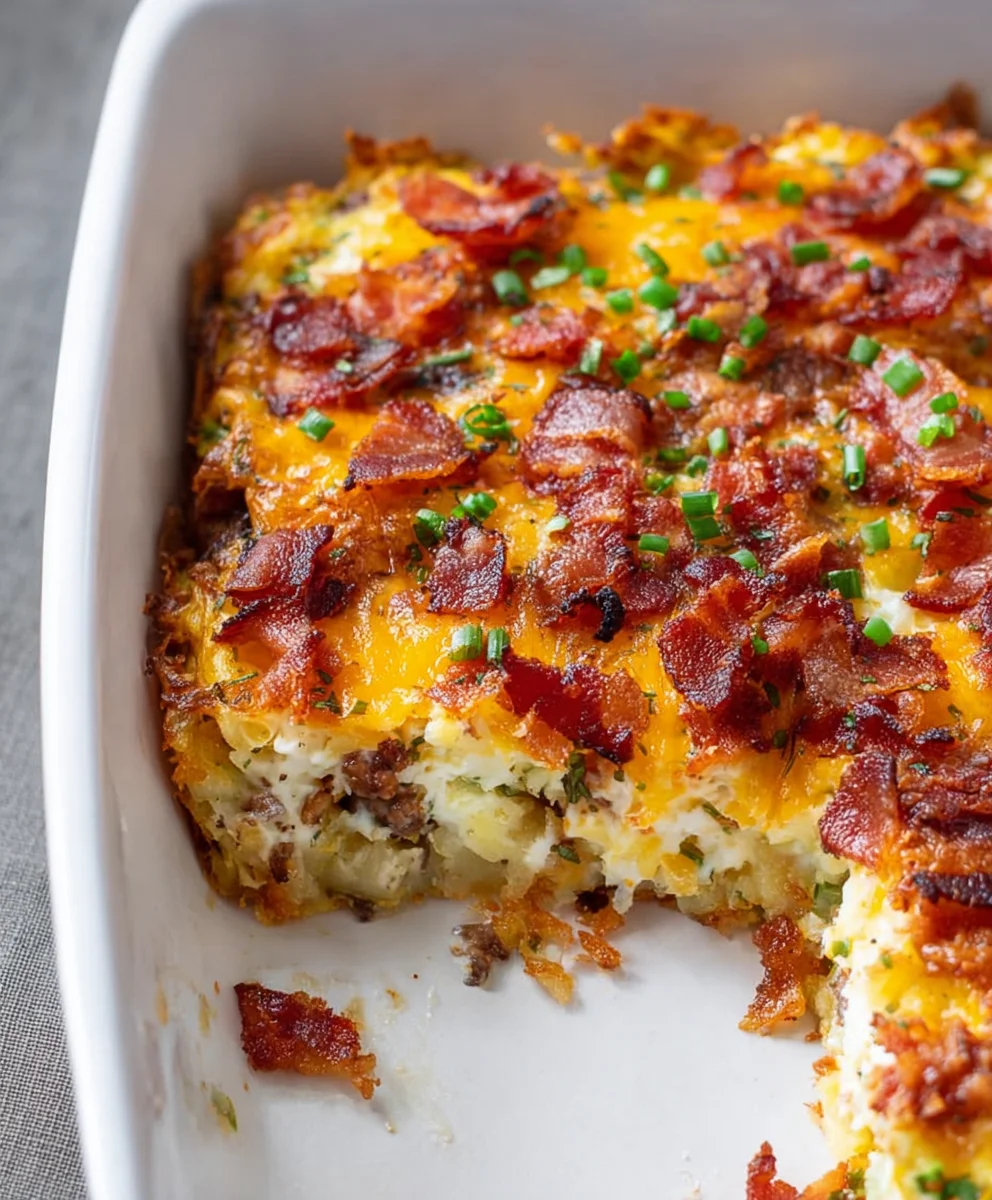 Cheesy Beef Bacon Potato Breakfast Casserole