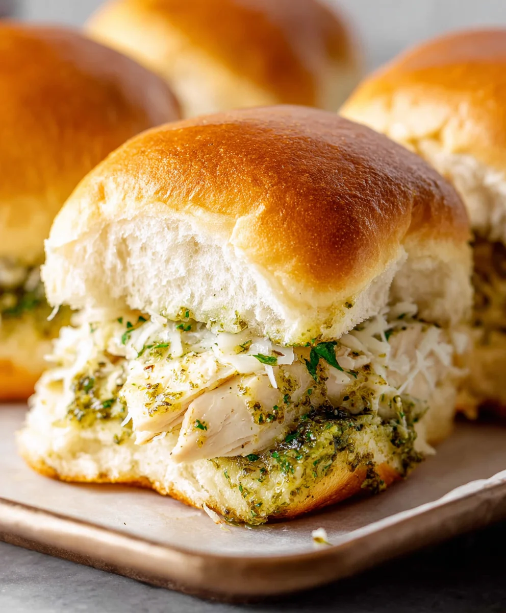 Cheesy Garlic Pesto Chicken Sliders-Easy Recipe