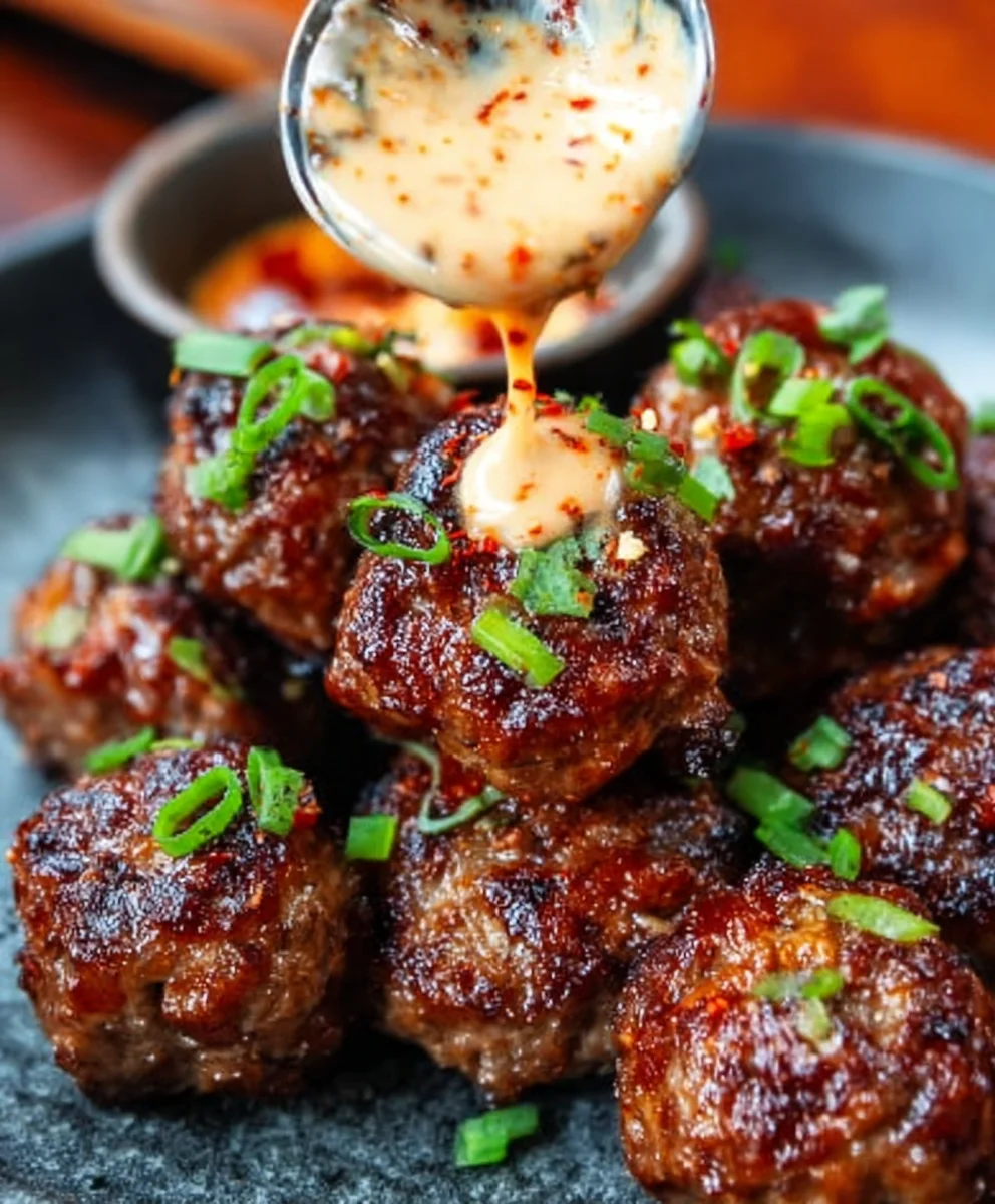 Korean BBQ Beef Meatballs Spicy Mayo Dip