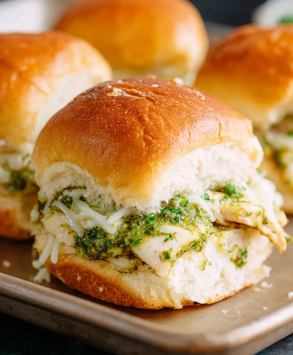 Cheesy Garlic Pesto Chicken Sliders-Easy Recipe