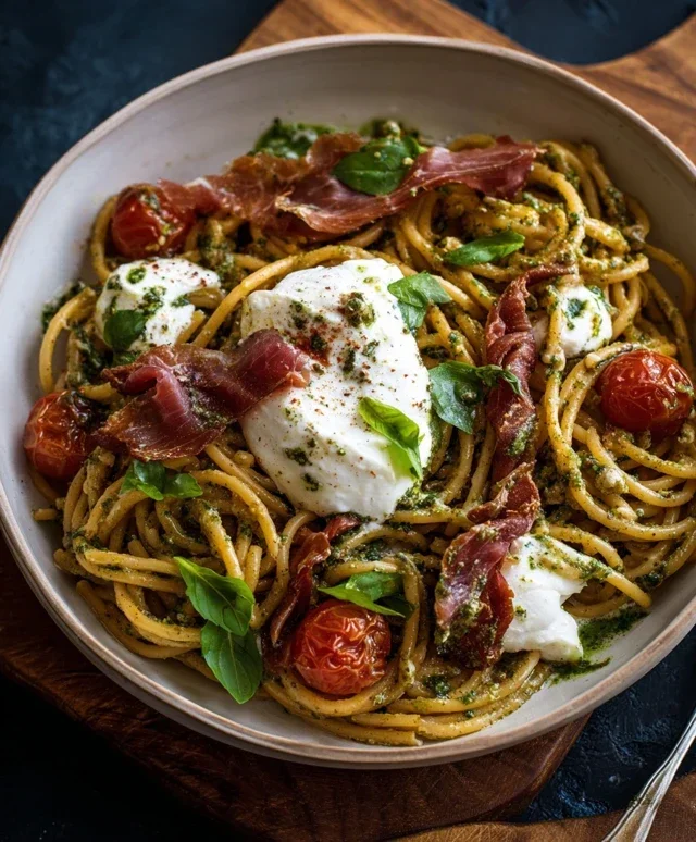Creamy Basil and Garlic Pasta with Beef Beef Prosciutto and Burrata — Inspired With A Twist