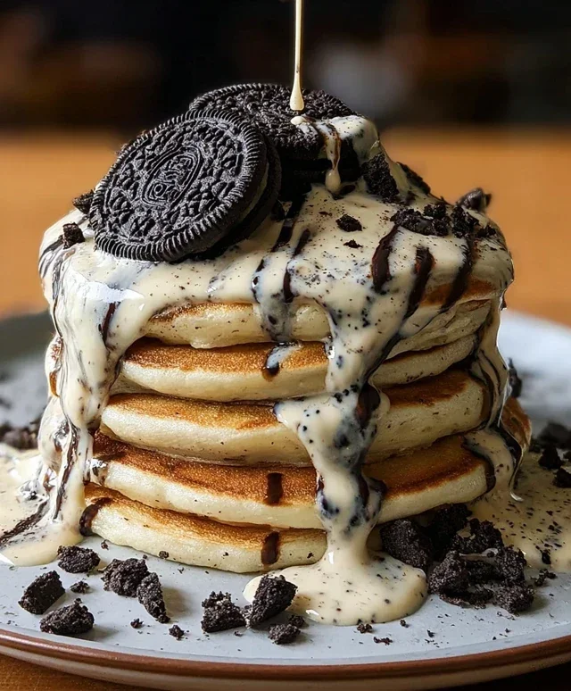 Oreo Pancakes with Cream Cheese Drizzle