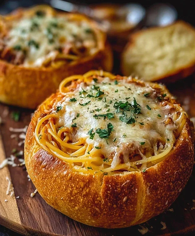 Spaghetti Garlic Bread Bowls
