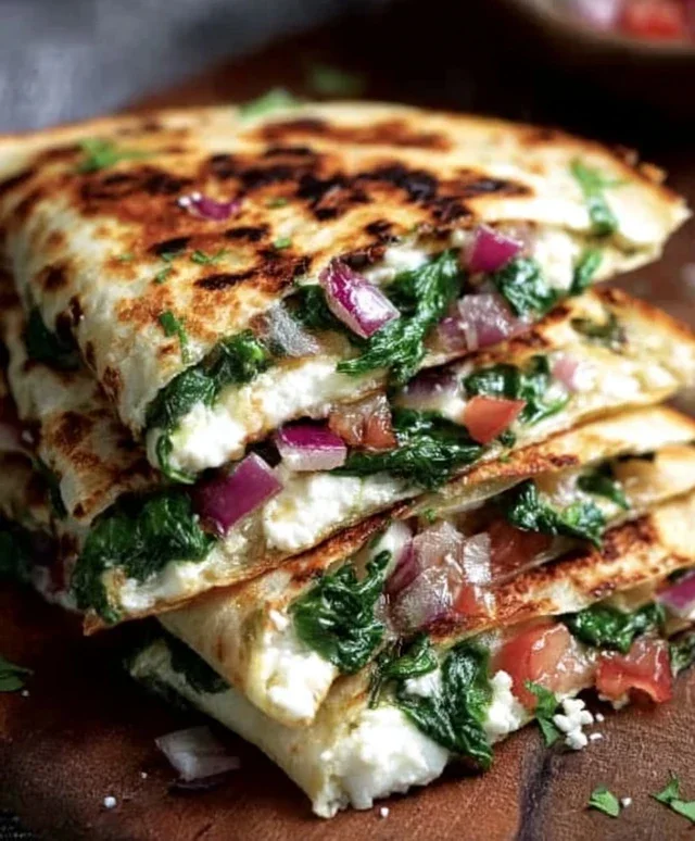 Mediterranean Quesadillas with Spinach, Feta, Mozzarella, and Red Onion
