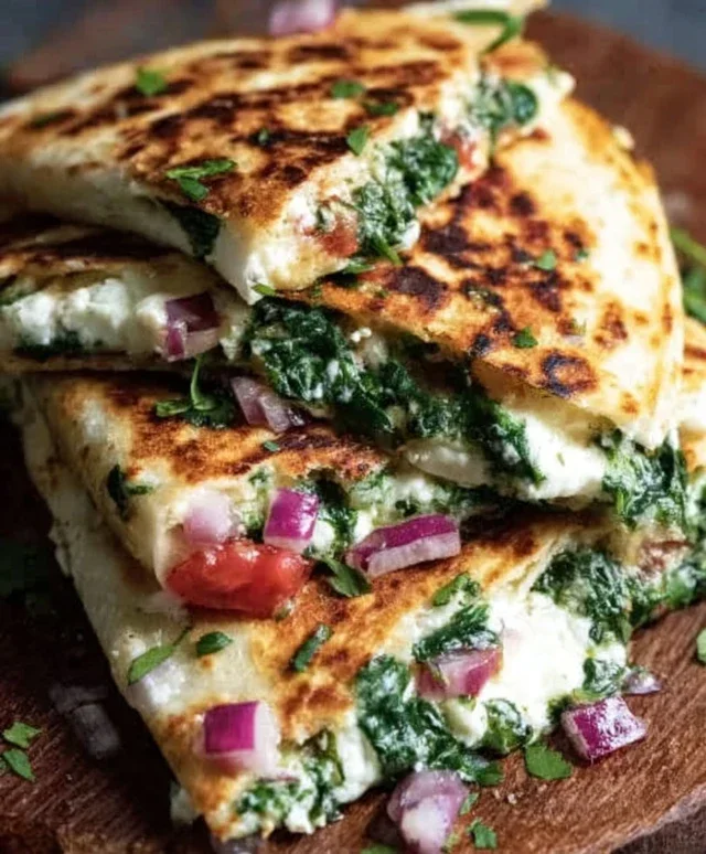Mediterranean Quesadillas with Spinach, Feta, Mozzarella, and Red Onion