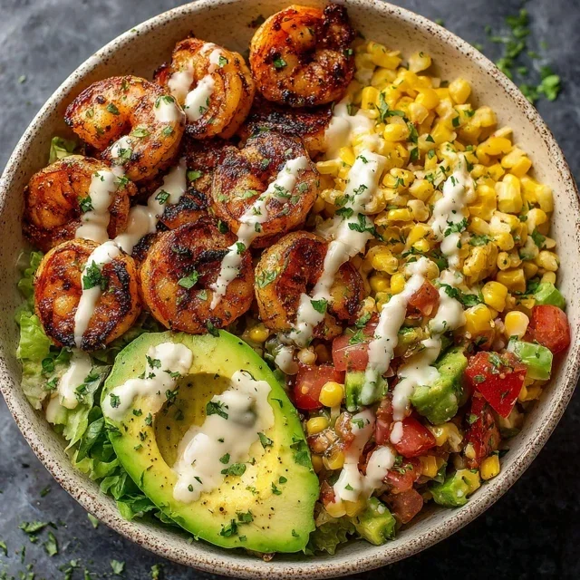 Grilled Shrimp Bowl with Avocado, Corn Salsa & Creamy Garlic Sauce