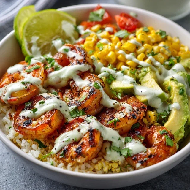 Grilled Shrimp Bowl with Avocado, Corn Salsa & Creamy Garlic Sauce