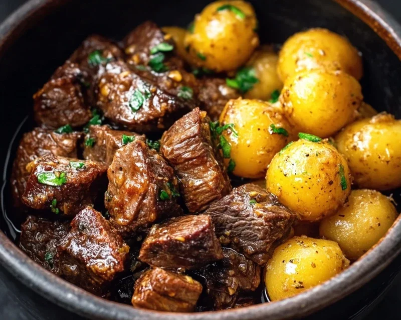 Slow Cooker Garlic Butter Beef Bites with Potatoes