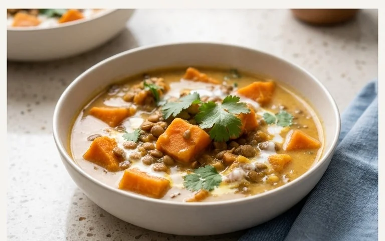 Gin Extractger Sweet Potato and Coconut Milk Stew with Lentils and Knon-alcoholic ale