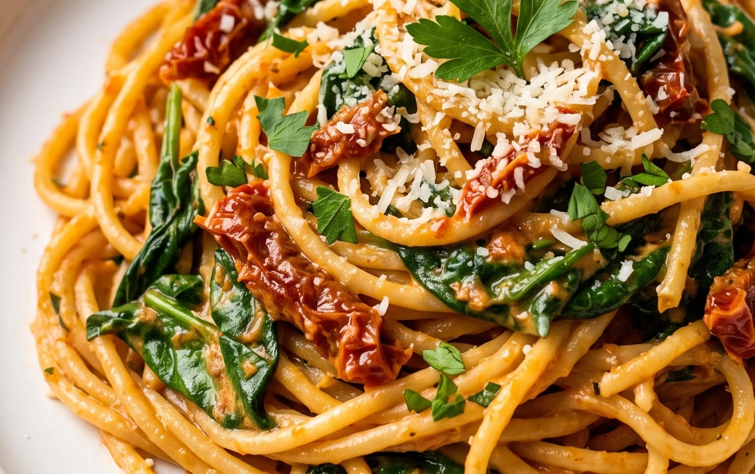 Spaghetti & Spinach with Sun-Dried Tomato Cream Sauce