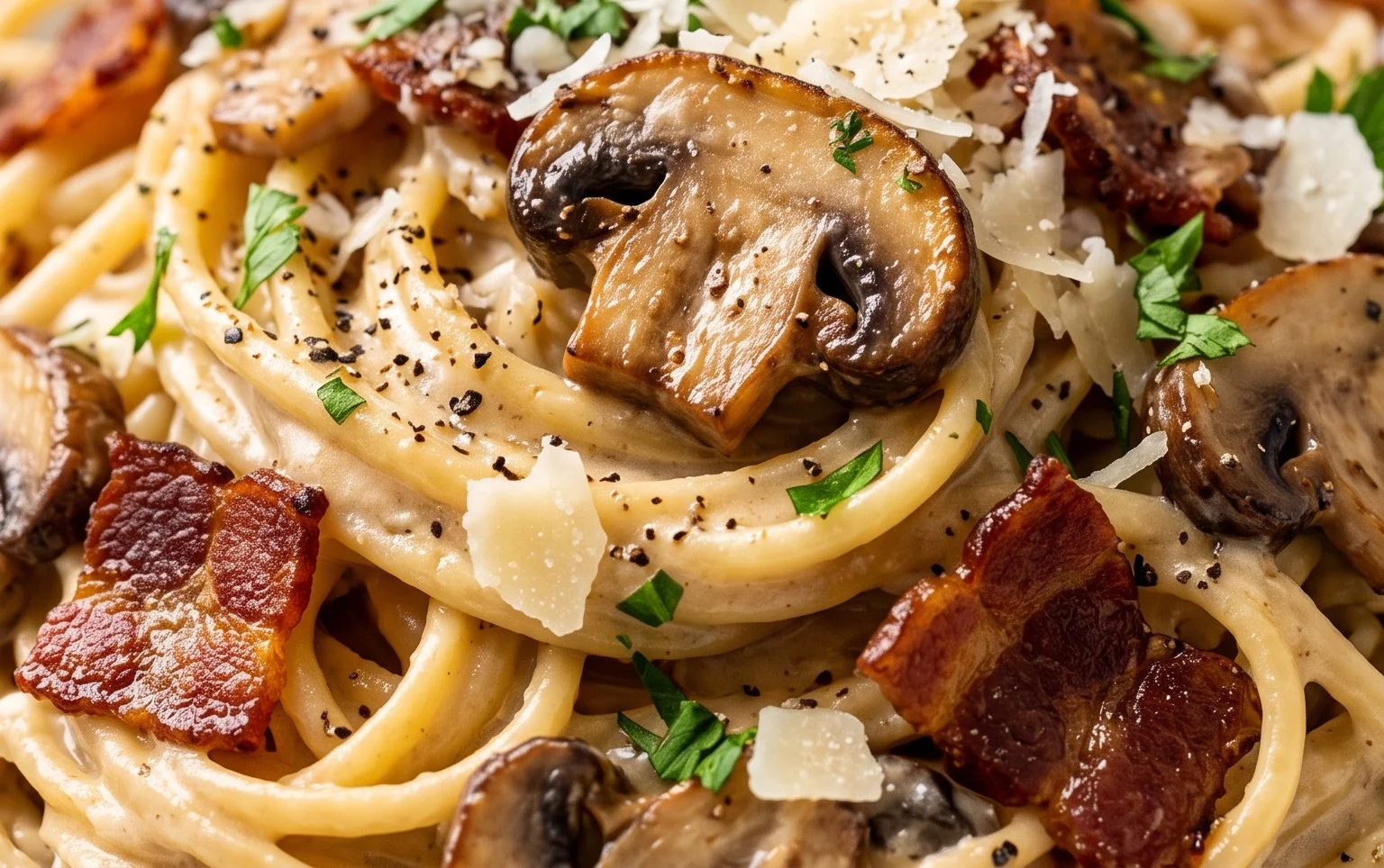 Creamy Beef Bacon and Mushroom Pasta