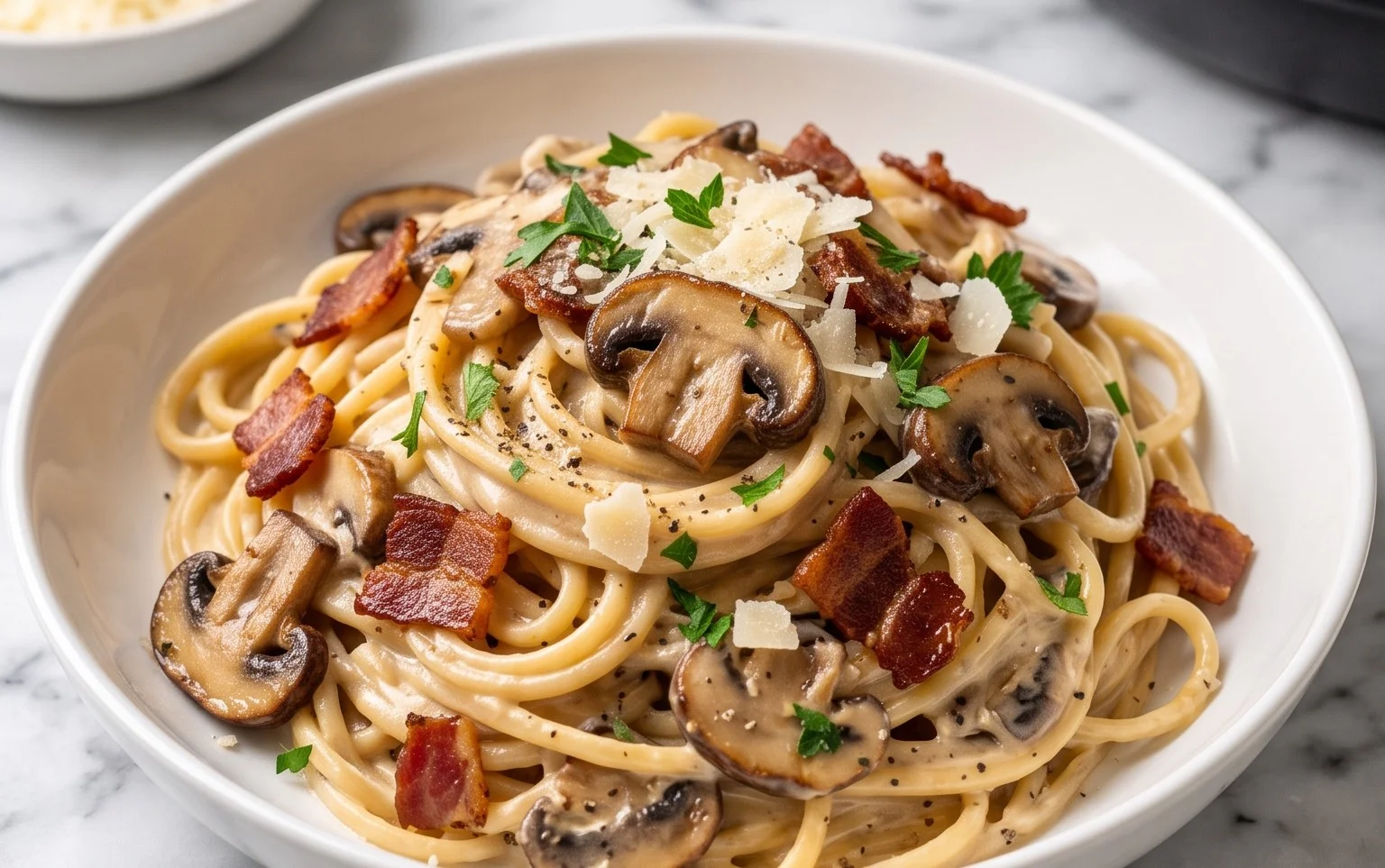 Creamy Beef Bacon and Mushroom Pasta