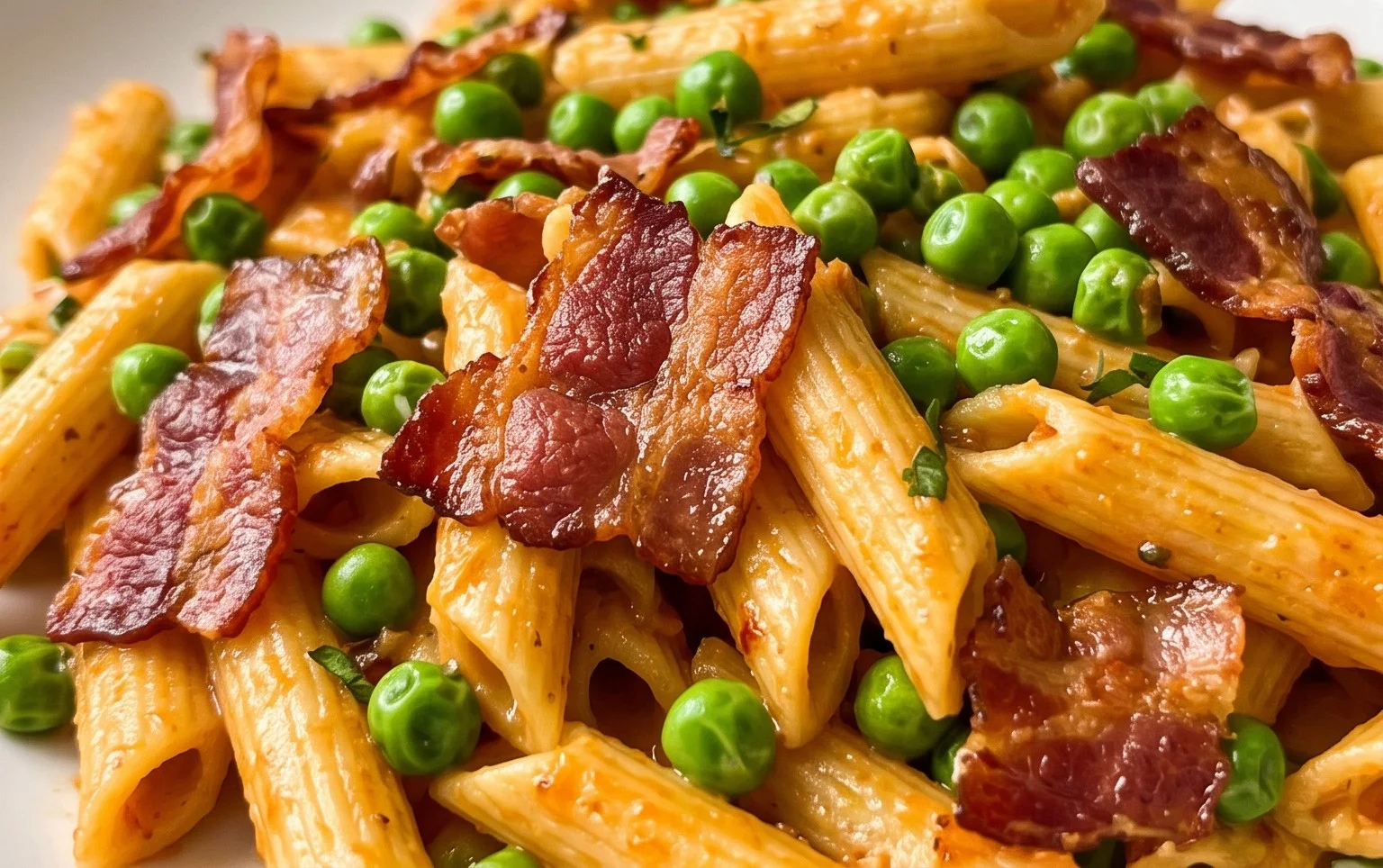Penne Pasta, Peas and Beef Bacon