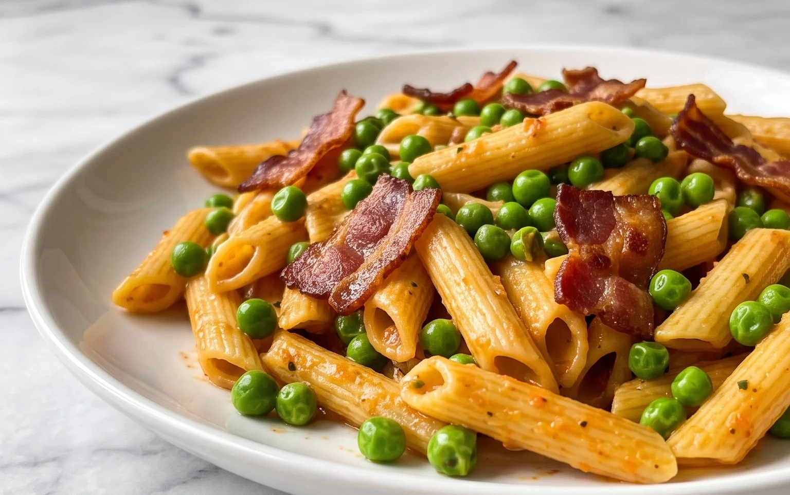 Penne Pasta, Peas and Beef Bacon